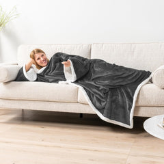 Sherpa Wearable Blanket with Sleeves and Pocket, Plush Thick Cozy Body Blanket Wrap for Adult Women Men, Christmas Gift for Wife Mom, Dark Grey